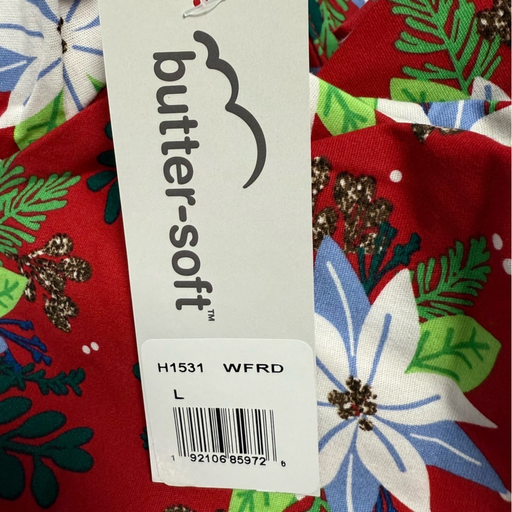 NWT Buttersoft Winter Floral Scrub Top L Red Christmas Poinsettia Scrub Uniform - Picture 6 of 6
